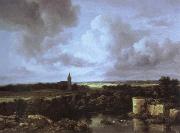 Jacob van Ruisdael an extensive landscape with a ruined castle and a village church Germany oil painting artist